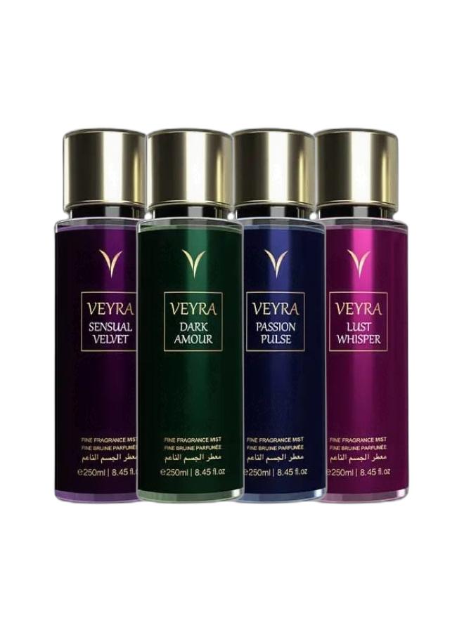 VEYRA Dark Amour Fine Fragrance Mist, 250ml, Long-Lasting Body Mist & VEYRA Passion Pulse Fine Fragrance Mist, 250g, Long-lasting Body Mist & VEYRA Sensual Velvet Fine Fragrance Mist, 250ml, Luxurious Body Mist with Earthy Notes & VEYRA Lust Whisper Fine Fragrance Mist 250ml – Long-Lasting Body Mist for Women & Men with Fruity & Floral Notes | Lightweight Daily Perfume Spray | Paraben-Free | Elegant Bottle for Travel or Vanity Bundle - Image 1